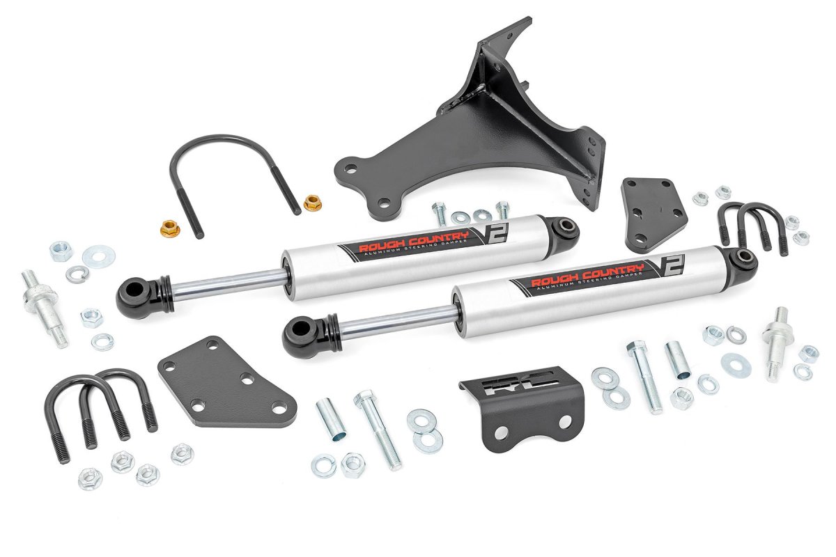 Ford F-250 Super Duty Steering Stabilizer - Front - Rough Country - V2, Dual, 2-8 Inch Lift - '05-'23